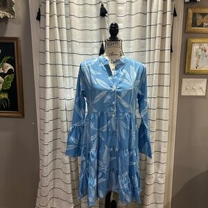 Blue Leaf Print Button-Down Dress